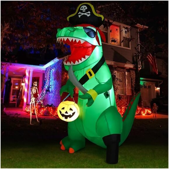 🆕Halloween Green Outdoor Blow Pirate Dinosaur with Pumpkin Decoration LED Light - Picture 1 of 6